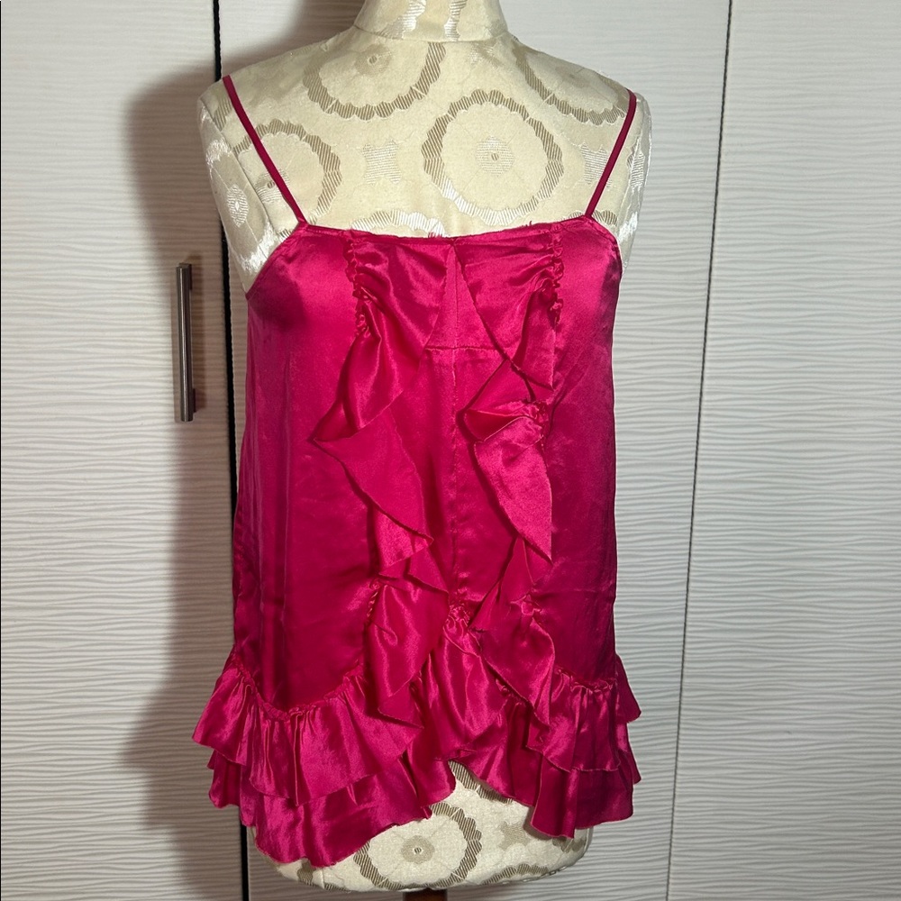 Pure Silk Fuchsia Ruffle Chemise, S